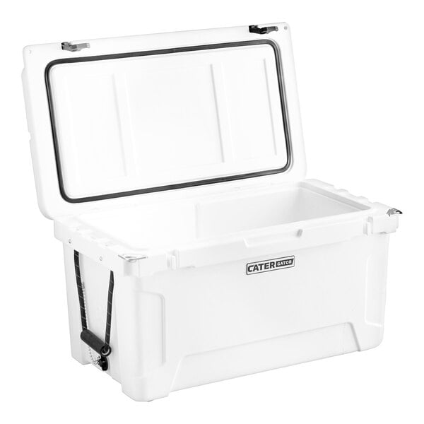 A white CaterGator outdoor cooler with the lid on.