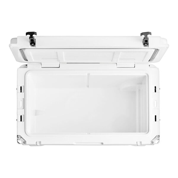 A white CaterGator outdoor cooler with a lid open.