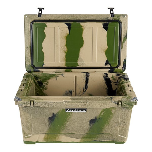 A camouflage CaterGator outdoor cooler with an open lid.