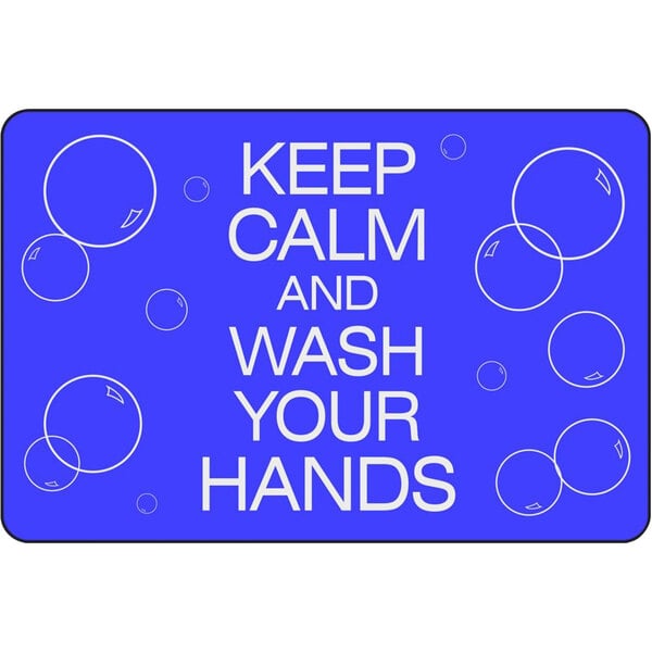 A blue Notrax floor mat with white text reading "Keep Calm and Wash Your Hands" over bubbles.