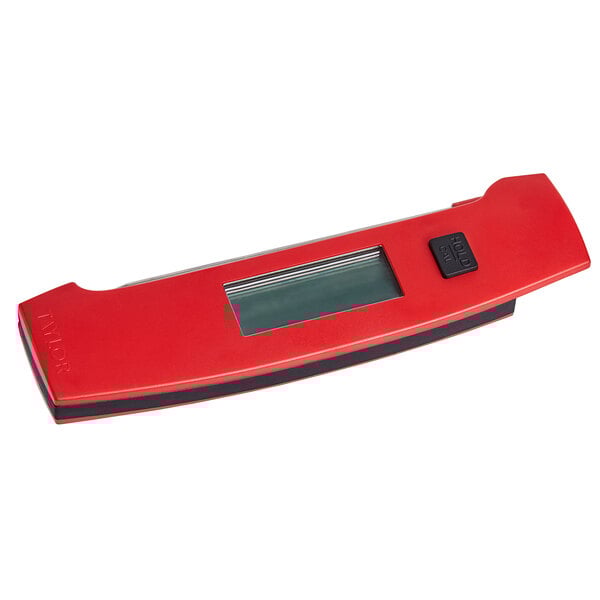 A red rectangular Taylor digital thermometer with a window and black buttons.