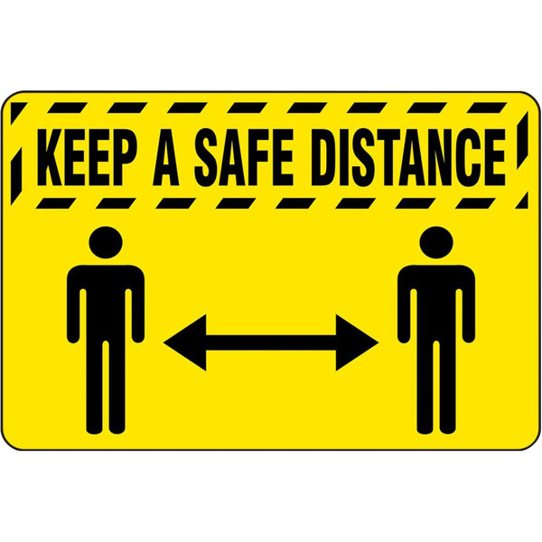 A yellow and black floor mat with a black circle and the words "Keep a Safe Distance" in black.