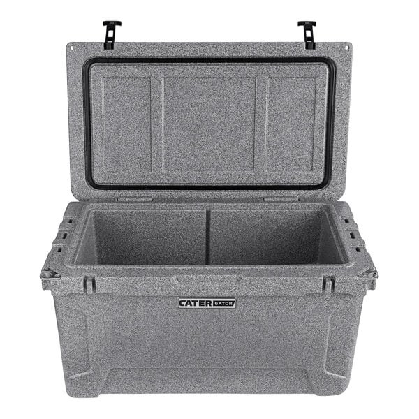 A gray CaterGator outdoor cooler with a lid open.