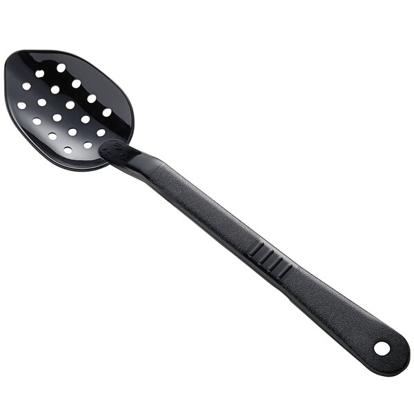 A black plastic Carlisle salad bar spoon with holes.