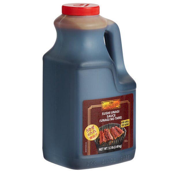 A blue jug of Lee Kum Kee Sushi Unagi Sauce with a red lid.