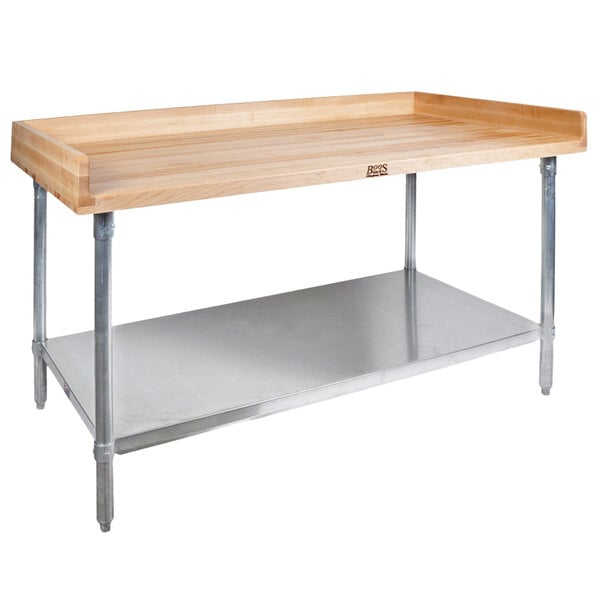 A wood table with a galvanized metal undershelf.