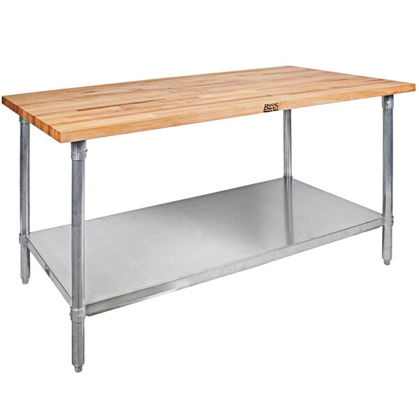 a wooden table with metal shelves