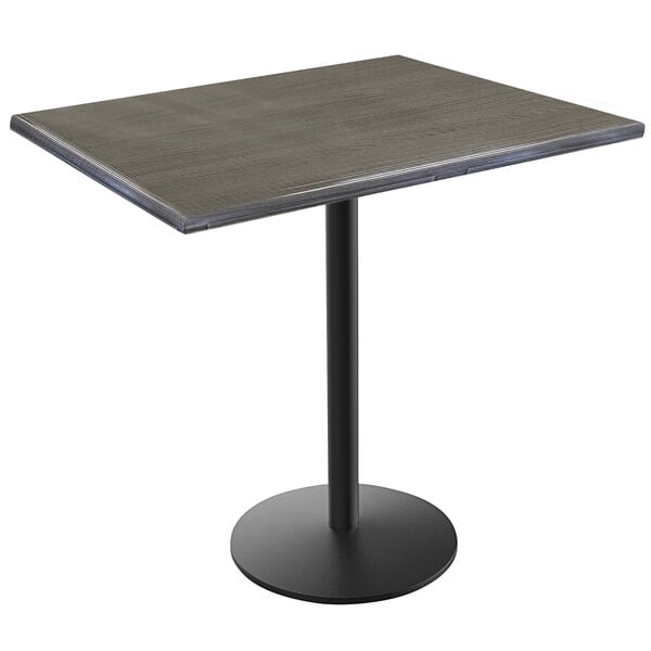 A Holland Bar Stool EnduroTop bar height table with a charcoal wood laminate top and black round base.
