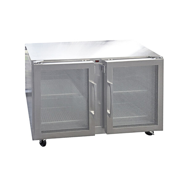A stainless steel Traulsen undercounter refrigerator with two left hinged glass doors.