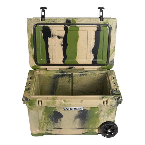 A green and black CaterGator outdoor cooler with wheels.