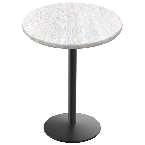 A white round Holland Bar Stool table top with a black round base.