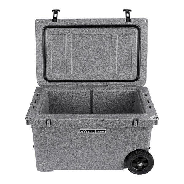 A gray CaterGator outdoor cooler with wheels.