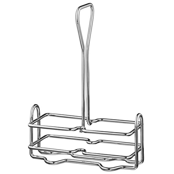 A silver metal Vollrath Dripcut Wire Cruets Caddy rack with a round handle holding three baskets.