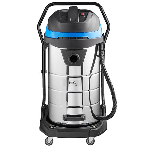 A Lavex stainless steel wet/dry vacuum cleaner on wheels.