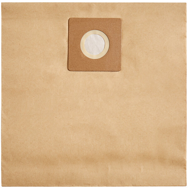 A white circular paper bag with a hole in it.