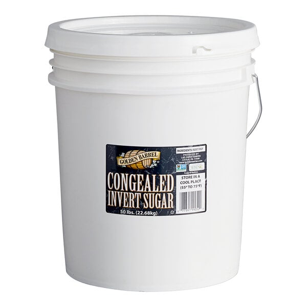 A white 5 gallon bucket of Golden Barrel Congealed Invert Sugar with a label.