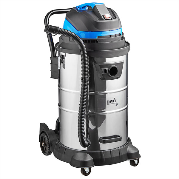 A Lavex stainless steel wet/dry vacuum cleaner on wheels with a blue and black handle.