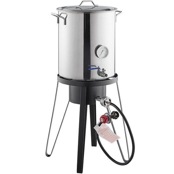 A Backyard Pro stainless steel brewing pot with a hose attached.