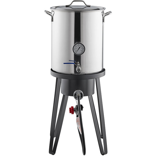 A stainless steel brewing pot on a stand.