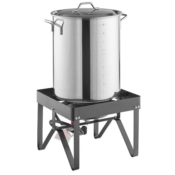A Backyard Pro stainless steel brewing pot on a stand.