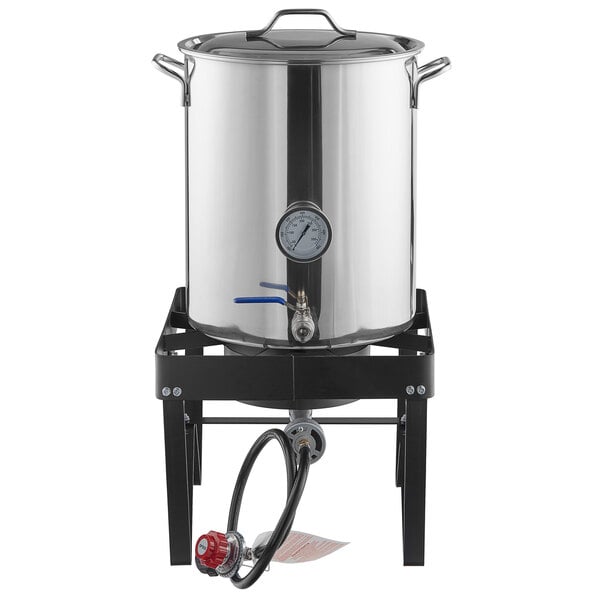 A Backyard Pro stainless steel brewing pot on a square outdoor stove stand.