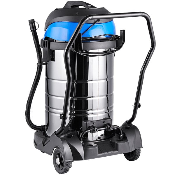 A Lavex stainless steel wet/dry vacuum cleaner on wheels.