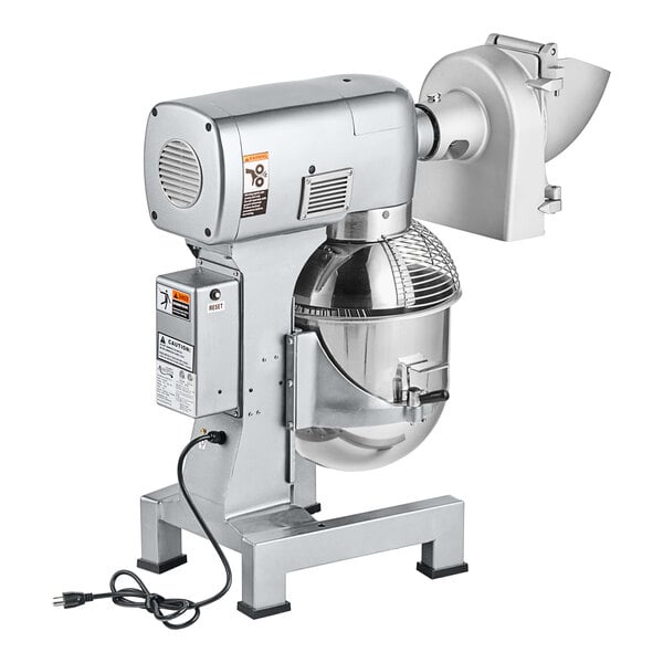 An Avantco silver stand mixer with a round bowl.