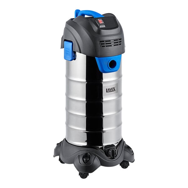 A silver and black Lavex wet/dry vacuum on wheels with blue handles.