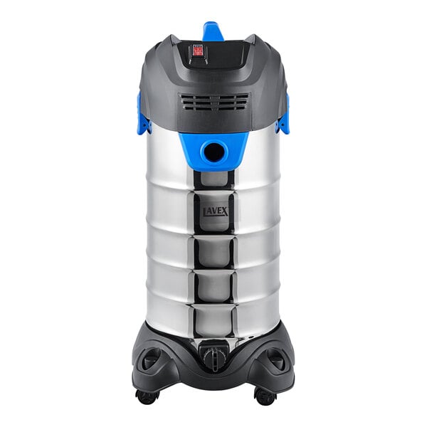 A silver Lavex wet/dry vacuum cleaner with a blue handle and wheels.