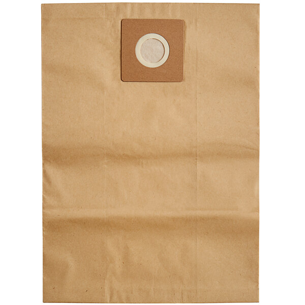 A white circle in a brown paper bag with a hole in it.