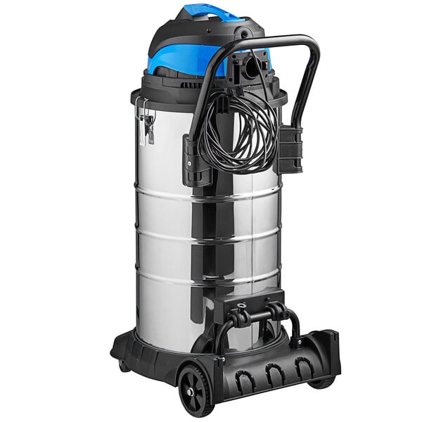 A Lavex stainless steel wet/dry vacuum cleaner on wheels.