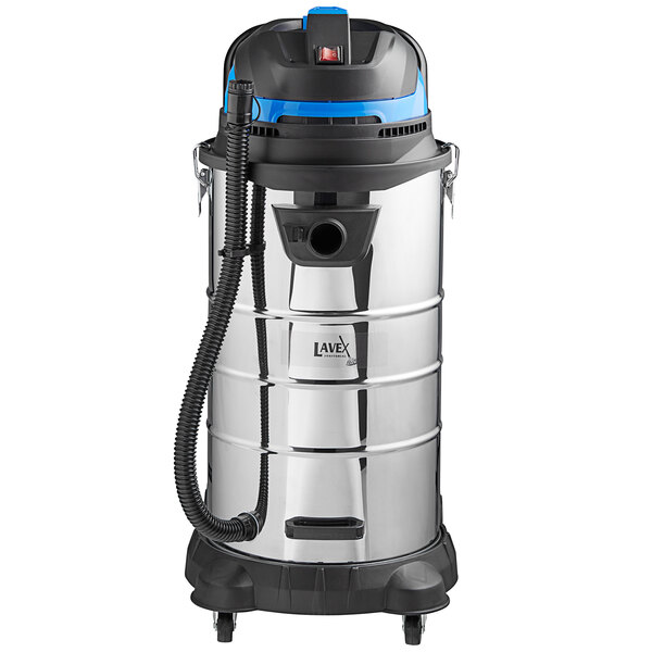A Lavex stainless steel wet/dry vacuum cleaner on black wheels.