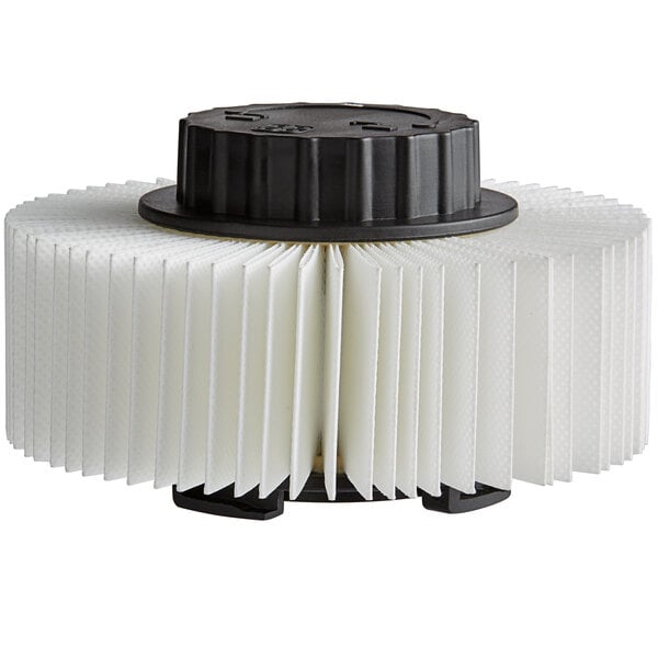 A white HEPA paper filter with a black circular base.