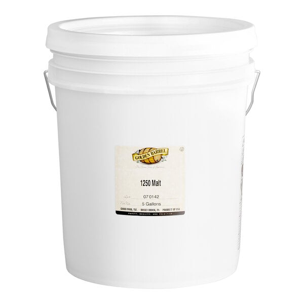 A large white plastic bucket with a lid and metal handle, featuring a label that reads '1250 Malt' and '5 Gallons.'