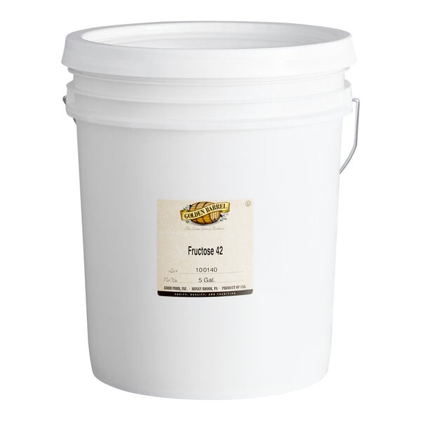 A large white plastic bucket with a handle and a label that reads 'Fructose 42' and '5 Gal.'