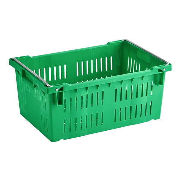 A green Orbis Stack-N-Nest crate with metal handles.