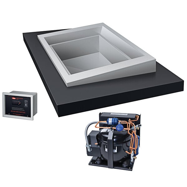 A black rectangular box with a white and black box with blue and orange hoses inside.