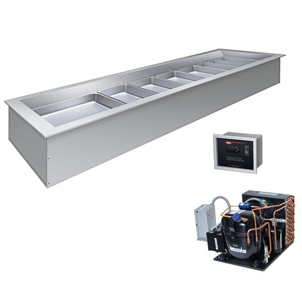 A large rectangular silver Hatco drop-in refrigerated cold food well with black and orange wires.