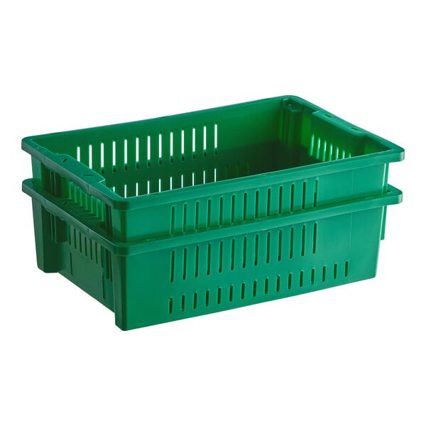 A green plastic Orbis stack-n-nest crate with handles and vents.