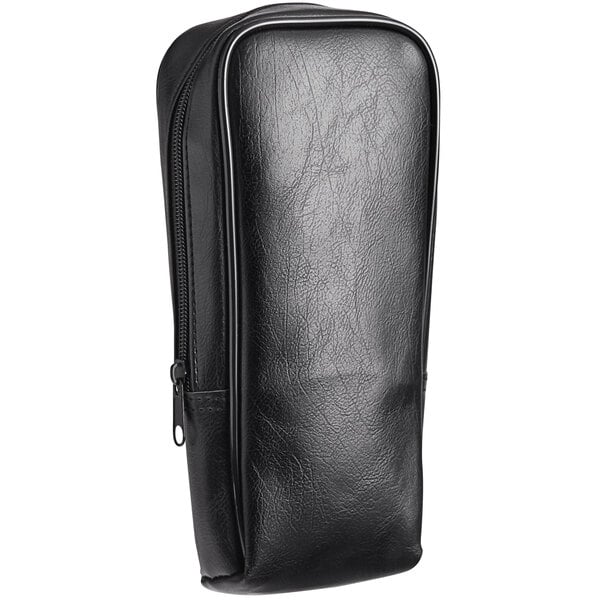 A black leather case with a zipper.