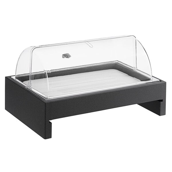 A black and white rectangular display kit with a clear cover on a wooden base.