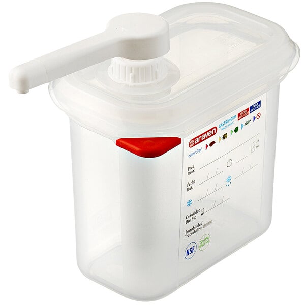 A translucent plastic Araven condiment pump dispenser with a red handle and lid.