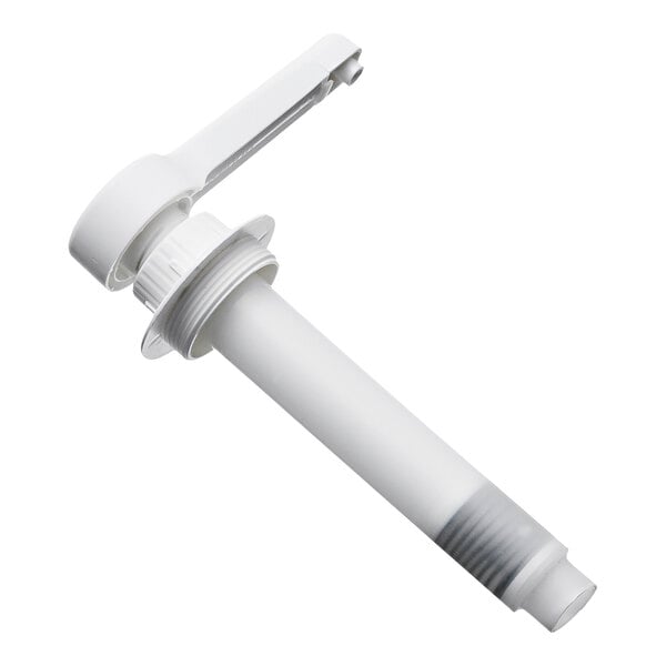 A white plastic pump dispenser with a long tube and a lever handle.