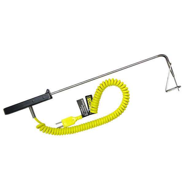 A yellow spiral cable attached to a metal rod with a yellow handle.