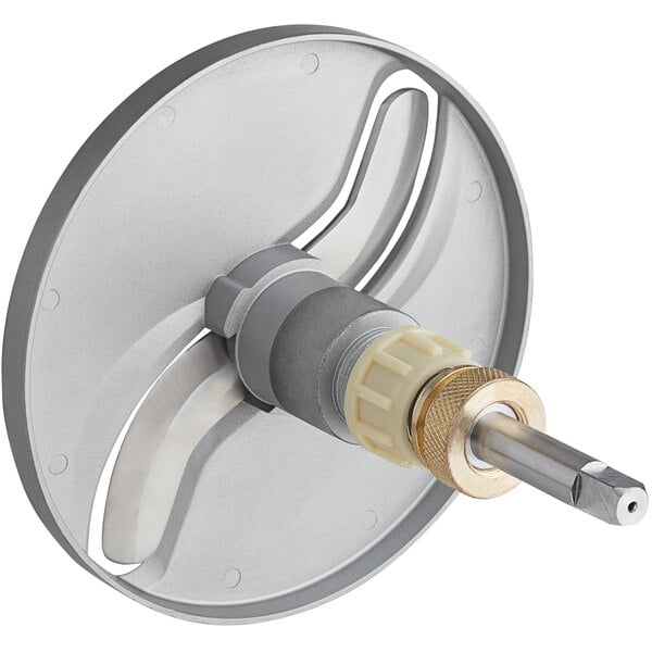 A silver circular metal disc with a screw on it and a metal handle.