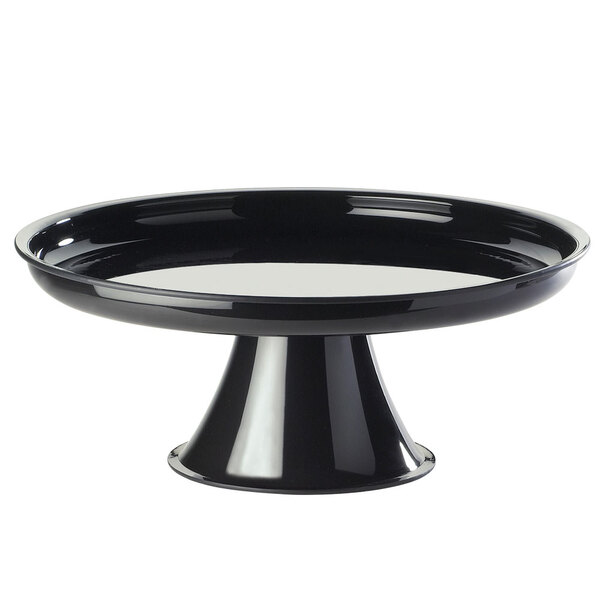 A black Cal-Mil cone pedestal cake stand.