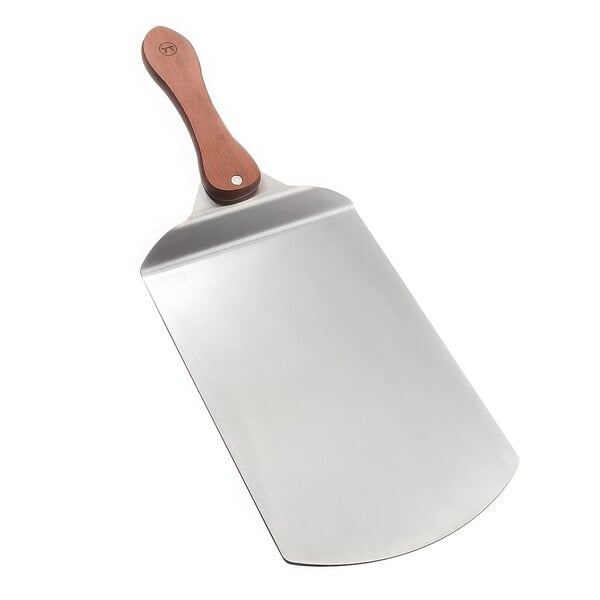 A stainless steel pizza peel with a folding rosewood handle.