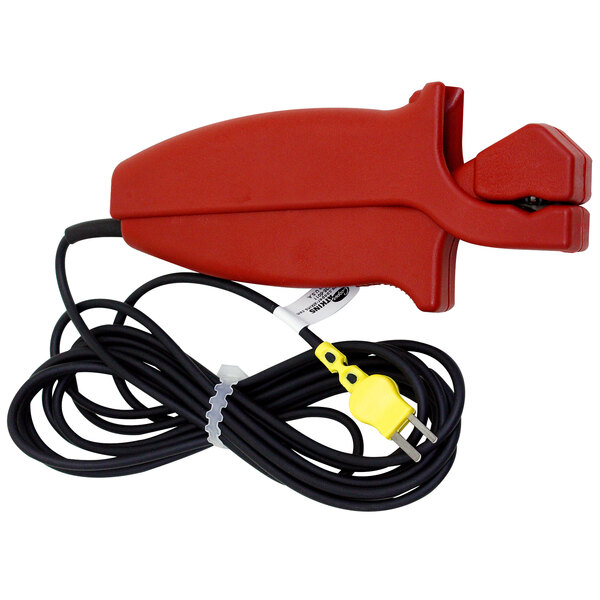 A red Cooper-Atkins pipe clamp with black and red wires attached.