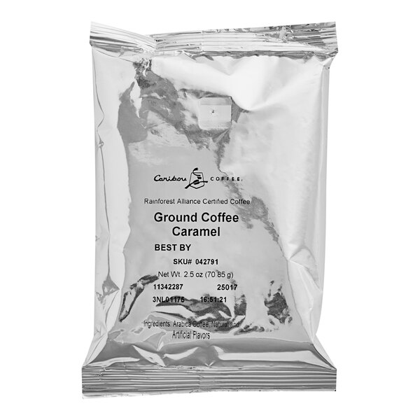 A Caribou Coffee bag of ground coffee with a label.