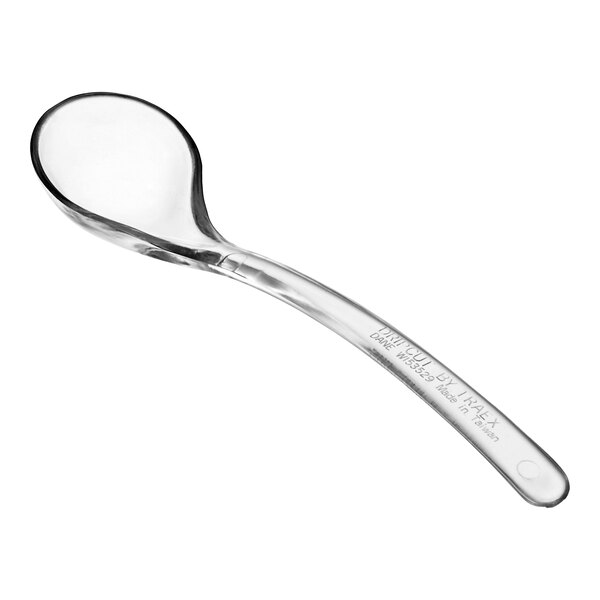 A clear polycarbonate salad spoon with a silver handle.